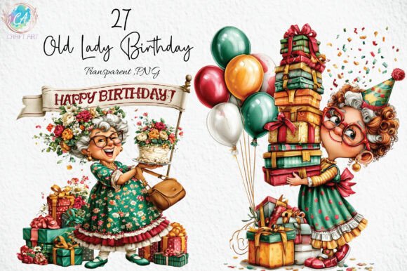 Download Whimsical Old Lady Birthday Clipart PNG - Day Collection