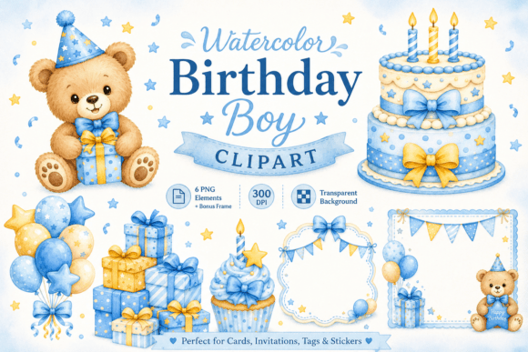 Download Watercolor Birthday Boy Card Elements - Day Collection
